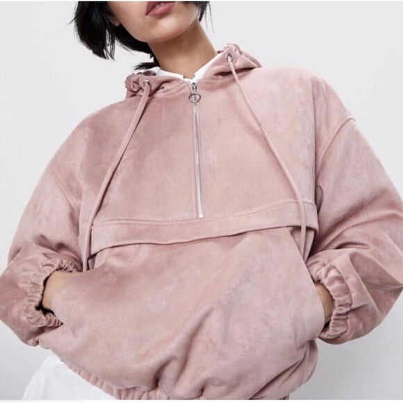 Zara half zip suede hoodie womens quarter zip pink solid coat ‎ oversized size S - Picture 1 of 10